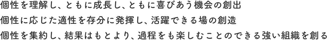 個性を理解し、ともに成長し、ともに喜びあう機会の創出　個性に応じた適性を存分に発揮し、活躍できる場の創造　個性を集約し、結果はもとより、過程をも楽しむことのできる強い組織を創る
